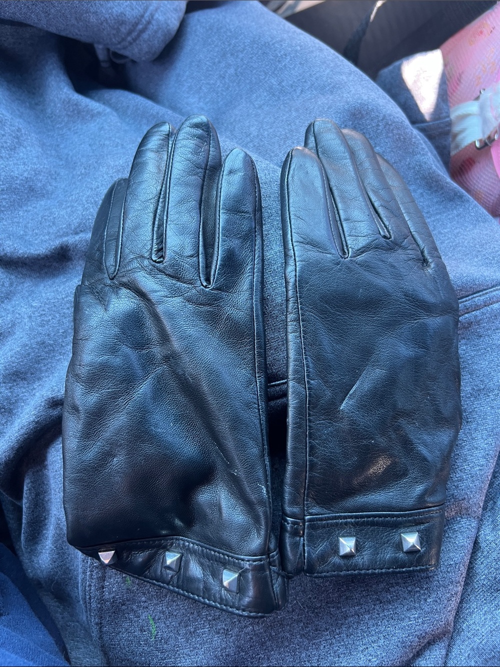 Bloomingdale's Black Leather Gloves with Stud Accents